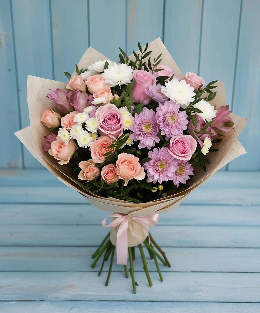 Букет цветов из: Хризантемы, Розы и Альстромерии в Дербентской