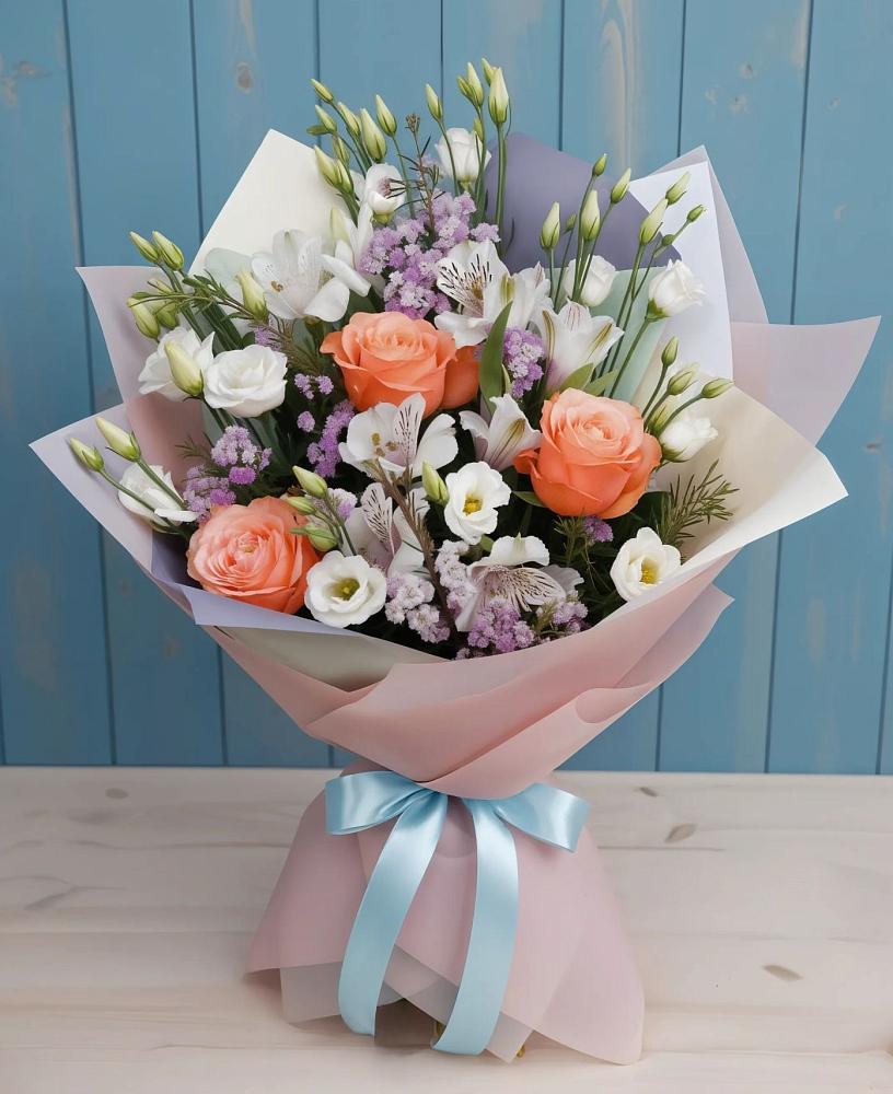 Букет цветов из: Лизиантусы, Розы, Альстромерии и Гипсофила в Дербентской