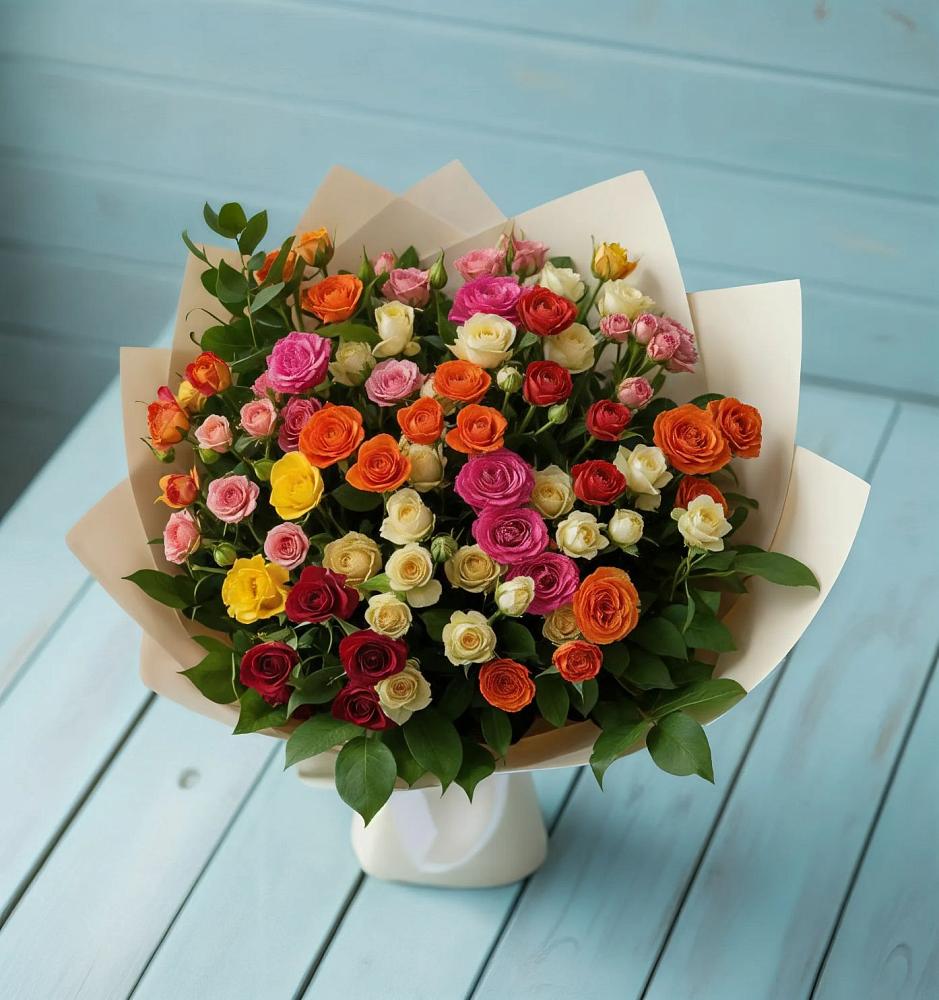 Букет Микс из разноцветных кустовых роз в Дербентской