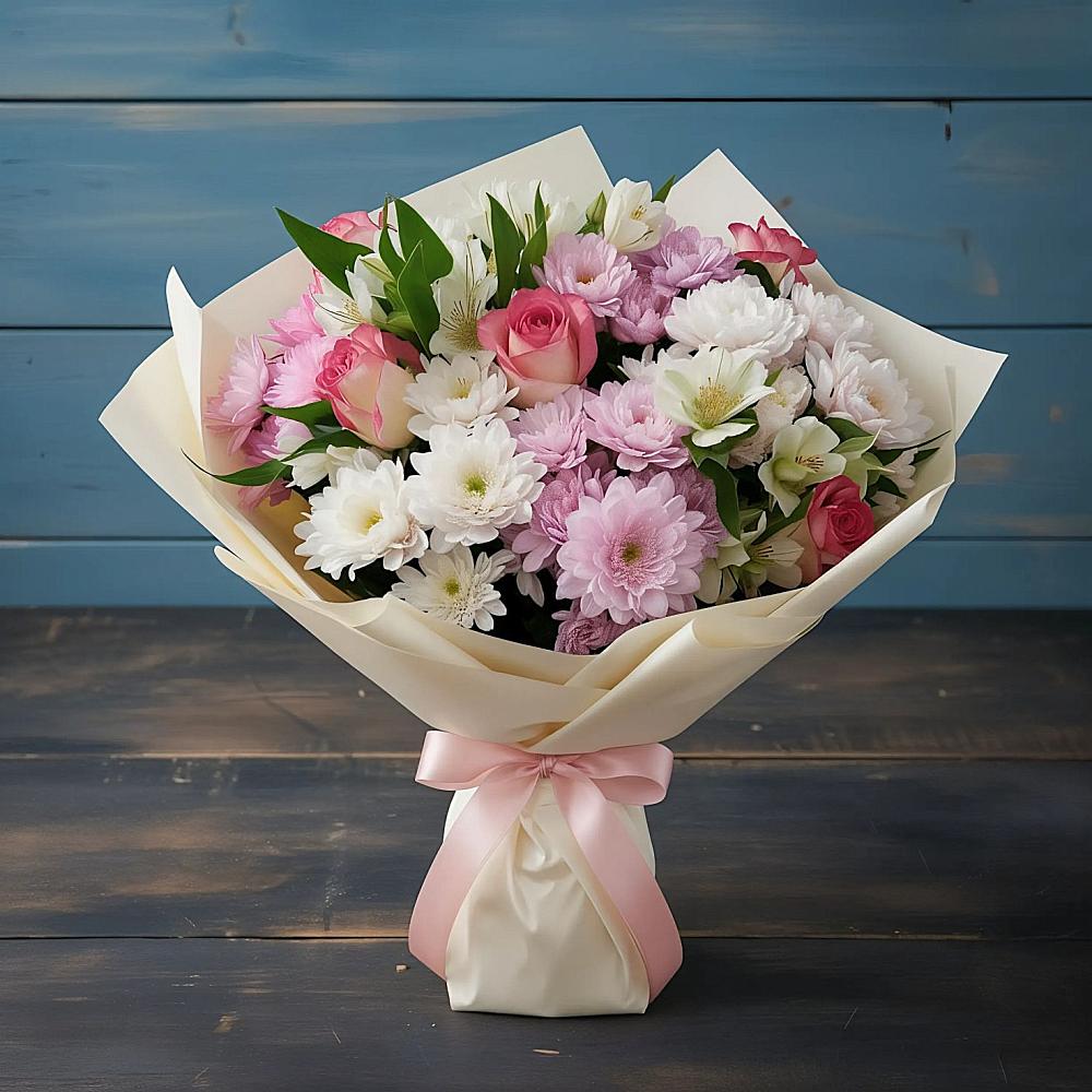 Букет цветов из: Хризантемы, Альстромерии и Розы в Дербентской